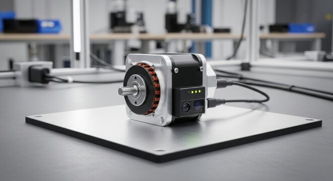 A high-precision industrial stepper motor featuring an integrated optical encoder sensor sits securely on a flat metal test bench within a brightly lit laboratory setting for advanced engineering.