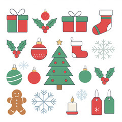 Naklejka premium Set of Flat Design Christmas Icon Set and Holiday Elements on White Background 