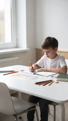 Fototapeta premium A young boy is sitting at a table, coloring with colored pencils in a bright and airy room. He is focused on his activity, surrounded by art supplies and a window with natural light.