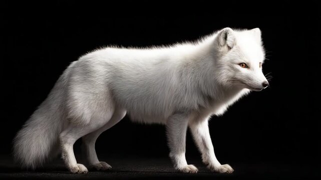 Arctic fox walking lightly across an isolated black background cool studio lighting enhancing fluffy fur sharp focus cinematic wildlife composition