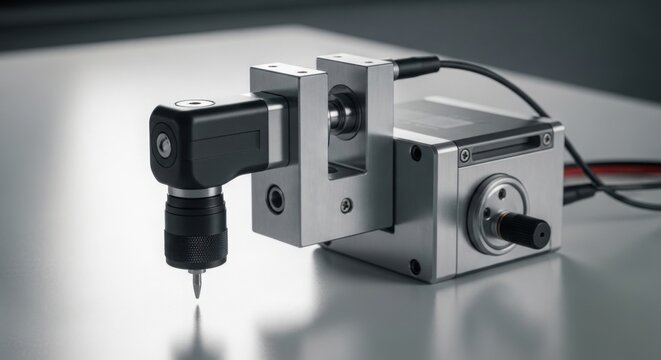 A high-precision industrial dot peen marking machine head mounted on a metallic bracket, featuring a sharp stylus tip for permanent metal engraving applications in a clean, modern workshop setting.