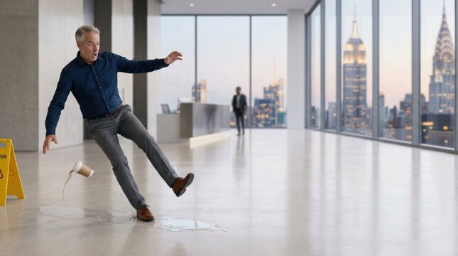 Slip and fall accident in modern office nyc stock photo general liability insurance awareness