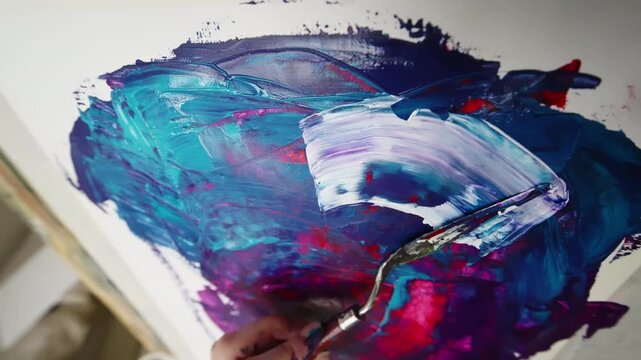 Close-up of a palette knife spreading thick acrylic paint, blending teal, blue, purple, and magenta into a textured abstract surface with impasto strokes and glossy sheen