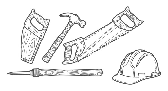 doodle construction essential carpentry hand tools set with hammer saws and hard hat ideal for building and diy projects.