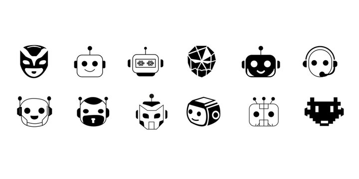 Modern Robot Avatar Icon Set, AI Bot Faces, Chatbot Characters, Technology Mascot Icons Collection