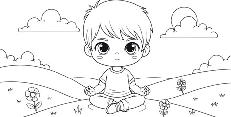Chibi anime boy meditating in a peaceful landscape coloring page © MDTamizUddin