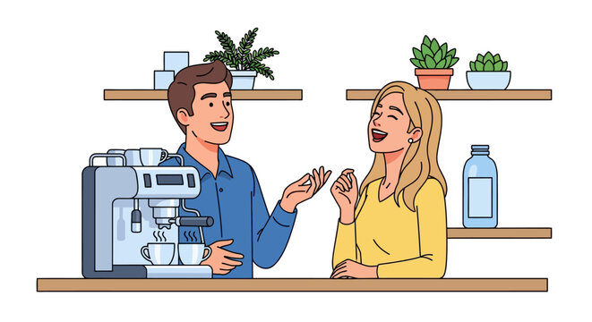 Happy Coworkers Laughing by Espresso Machine