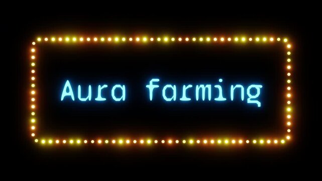 Glowing aura farming sign in flashing frame, 3D render. Aura farming background, dotted neon frame. Appearance of effortless charisma or coolness, often through repetitive, cool actions