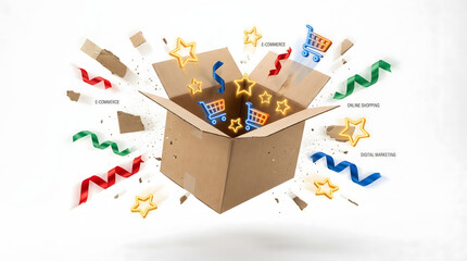 Exploding Cardboard Box with E-commerce Shopping Carts and Colorful Ribbons and Stars