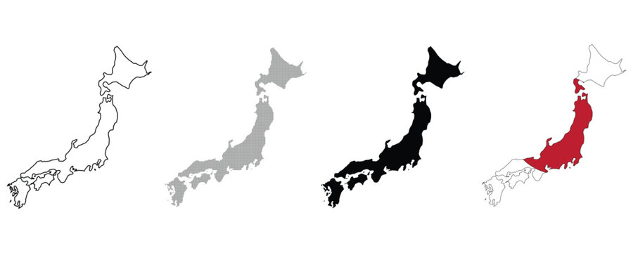 Set of japan maps with different styles, including outline, textured, solid black, and highlighted region vector illustration