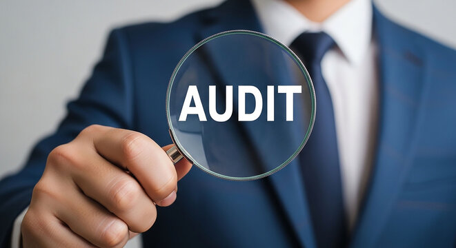 Focused Audit: A person in a formal attire, examines a detailed process through a magnifying glass, illuminating the word Audit, suggesting a deep dive into business analysis and financial review.