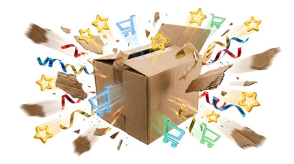 Exciting Unboxing Experience with Cardboard Box, Colorful Streamers, Shining Stars, and E-commerce Shopping Carts in Motion