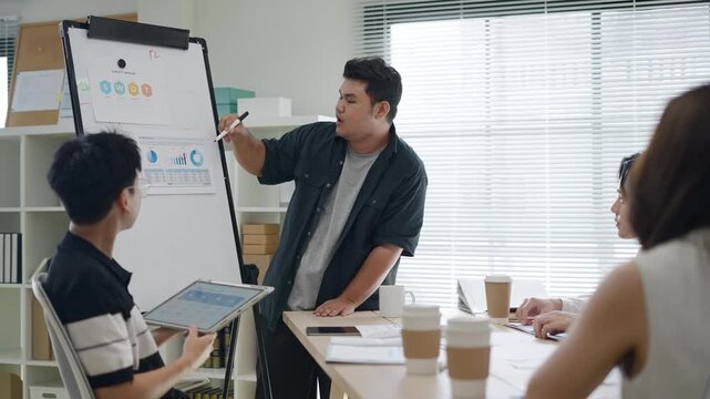 Group of Asian businesspeople work together leads business meeting,brainstorming uses presentation at office.business team generation z brainstorm planning and strategy new product project in office