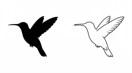 Obraz premium Black Hummingbird Silhouette and Outline Heron Bird Vector Illustration Set on White Background