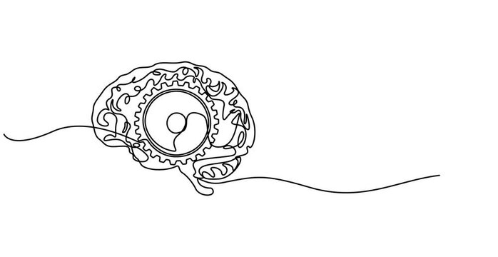 Self drawing line animation metal round wheel gear inside human brain continuous one single line drawn concept video, Full length single line animation,  wheel gear inside human brain for company logo