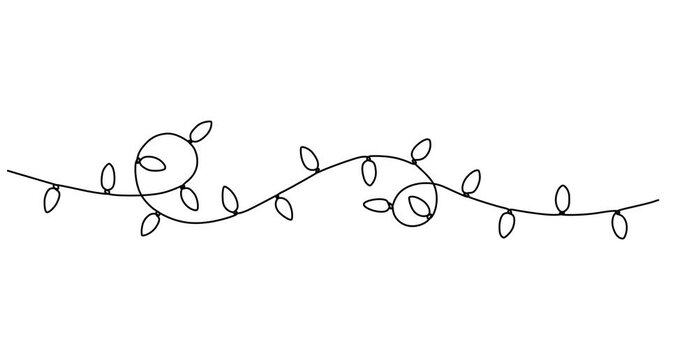 Abstract garland of light bulbs, Self drawing animation one continuous line draw, logo on white background, christmas lights continuous one line drawing animation, Video. Festoon, garland with bulbs.