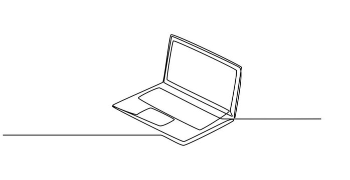 Self drawing line animation laptop computer with paper plane as business concept of startup continuous one single line drawn concept video