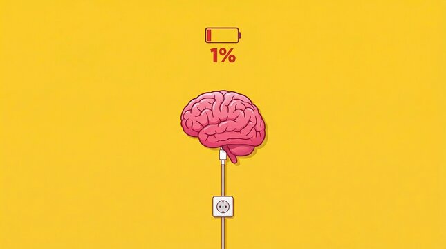 Brain Power Charging: A visual representation of a brain charging with low battery, symbolizing mental fatigue and cognitive resource depletion, set against a vibrant yellow backdrop.