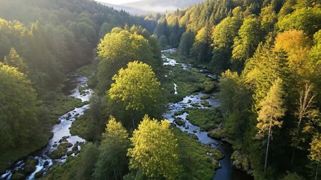 Aerial view of river through forest.