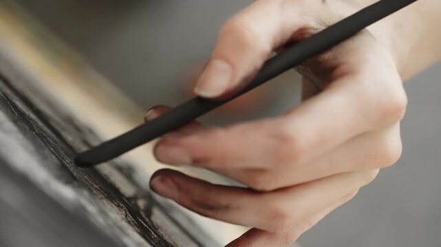 Close-up of an artist's hand using a charcoal stick to sketch and shade on textured paper, fingers smudged with dark pigment while shaping lines and tones in a drawing process