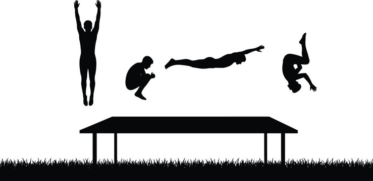 Acrobatic silhouette of a gymnast or athlete performing various trampoline jumps and mid-air maneuvers, showing movement and athletic skill on grass.