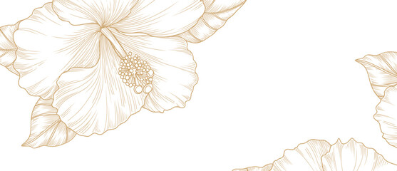 Luxury floral line drawing with hand drawn golden hibiscus flowers. Frame. Vector design for card, business card, flyer, banner, wedding invitation, cover, wallpaper © Victory