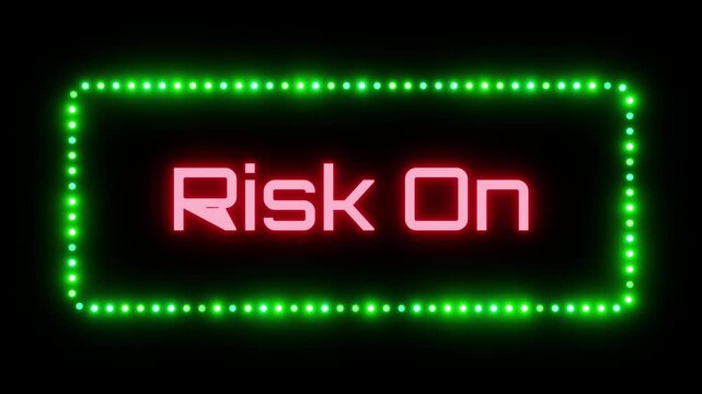 Glowing risk on sign in flashing frame, 3D render. Risk on background, dotted neon frame. The market phase when investments in risky assets become more active