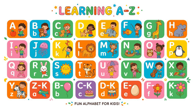 Colorful Alphabet Chart for Kids, Learning ABCs with Cute Illustrations
