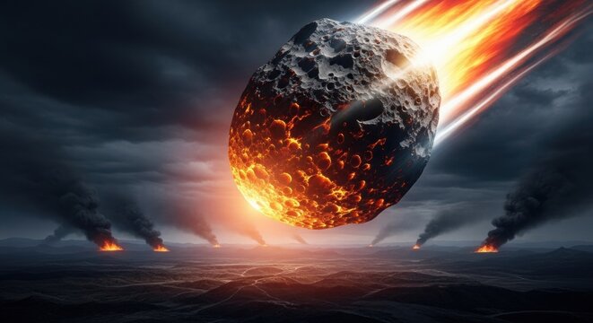 A large asteroid hurtles through a dark, ominous sky, leaving a trail of fire and smoke in its wake as it approaches a desolate, burning landscape.
