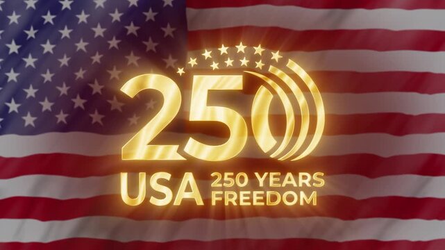 Glowing golden 250th anniversary emblem with stars against a waving United States flag, celebrating the historic semiquincentennial milestone of American independence and national pride