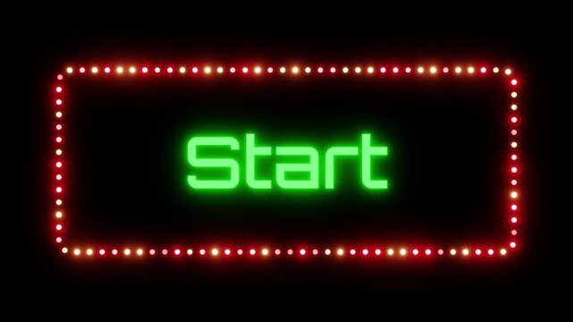 Glowing start sign in flashing frame, 3D render. Button start background, dotted neon frame. Start button indicates the launch or beginning of something, used for video, web app, or game design
