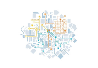 Fototapeta premium Abstract City Network with Utility Connections and Infrastructure Icons