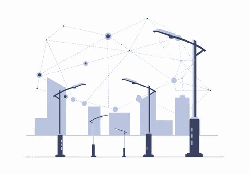Smart city technology and urban development with futuristic street lighting systems connecting a modern metropolis in a network