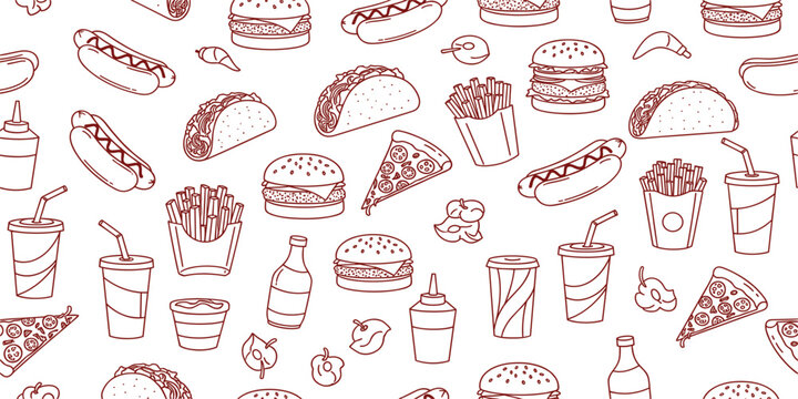 Fast Food Seamless Pattern with Burgers, Pizza, Hot Dogs, Fries, and Drinks in Line Art Style for Wrapping Paper, Packaging, and Textile Design