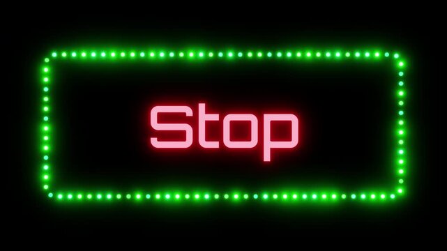 Glowing stop sign in flashing frame, 3D render. Button stop background, dotted neon frame. Stop button indicates end or completion of something, used for video, web app, or game design