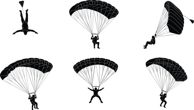 Silhouettes of skydivers and paratroopers in various freefall and canopy descent positions, isolated on white background.