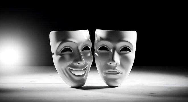 Dramatic black and white theater masks representing comedy and tragedy on neutral background