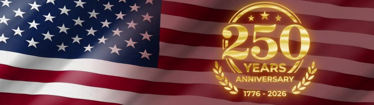 Ultrawide Patriotic celebration background with glowing golden 250 symbol and stars on the American flag, representing the United States semiquincentennial
