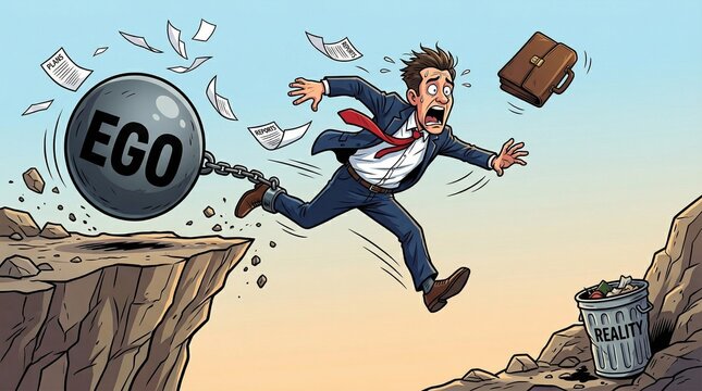 Ego's Descent: A man is shackled by his ego as he rushes towards an impending fall, while reality lies discarded in a trash can.