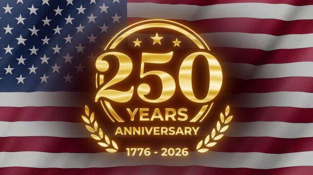 Glowing golden 250th anniversary emblem with stars against a waving United States flag, celebrating the historic semiquincentennial milestone of American independence and national pride