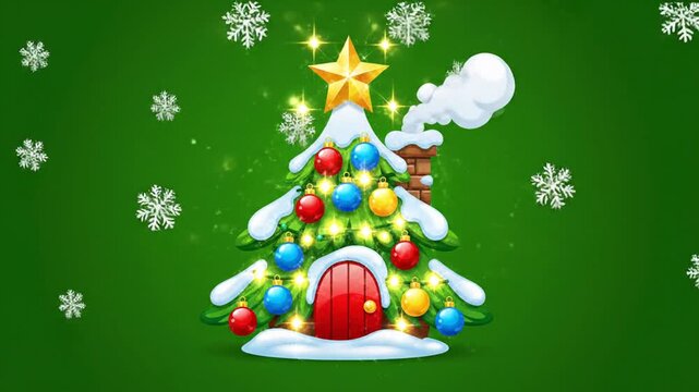 Cartoon christmas tree decorated with ornaments on green background