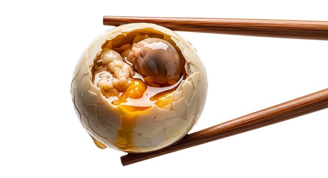 Close-up of a Filipino delicacy, balut, being held by chopsticks, a fertilized duck egg ready to eat
