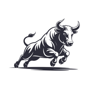 A powerful black bull in a dynamic pose, leaping forward with aggression and strength, isolated on transparent background.