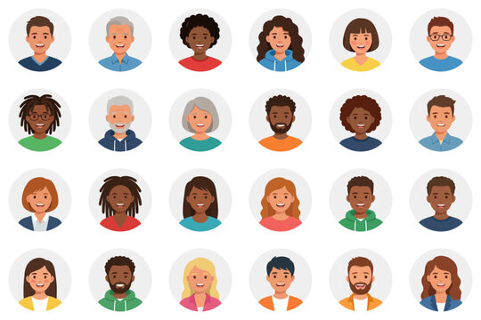 Diverse avatars of smiling people collection featuring men and women of various ethnicities and ages | Vector flat illustration character headshots