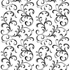 Elegant black swirling vines pattern with graceful curves and leaves on transparent background for decorative textile and paper. © Moynul