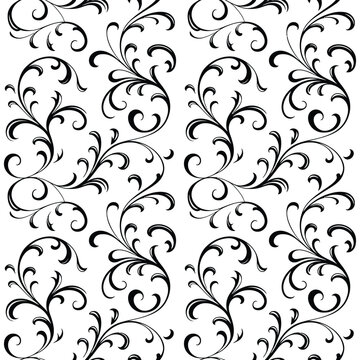 Elegant black swirling vines pattern with graceful curves and leaves on transparent background for decorative textile and paper.