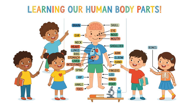 Anatomy, human body parts, educational illustration, kids learning, body systems