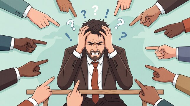 Under Pressure: A man surrounded by pointing fingers, depicting stress and scrutiny amidst confusion and uncertainty, a visual representation of pressure and accusation.