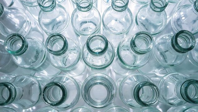 a bunch of empty glass bottles of different shapes and sizes clustered together on a plain surface