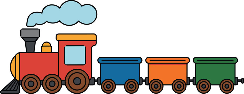 Cartoon train illustration with colorful locomotive and boxcars, playful design, children&rsquo;s artwork, transportation concept, railway vehicle, bright geometric shapes